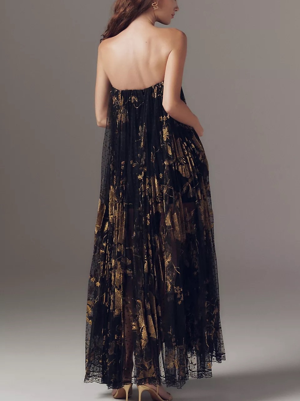Helsi Delphine Strapless Pleated Sheer Lace Maxi Dress
Black & Gold Size XS NWT - Picture 5 of 9
